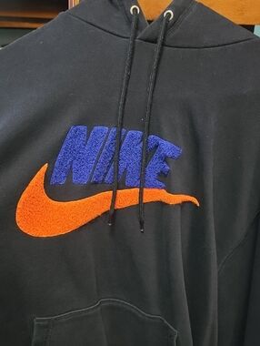 Nike Black Hoodie with Blue Chenille Logo and Orange Swoosh